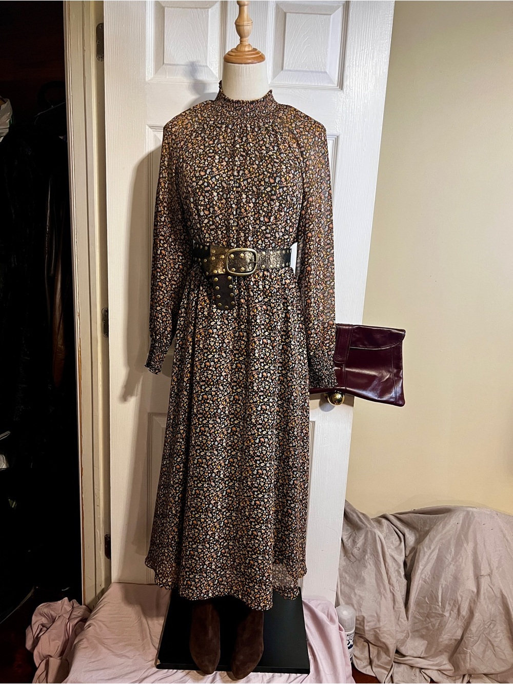 Madewell Brown Floral Paisley Chiffon Smocked Neck Pleated Midi Dress M